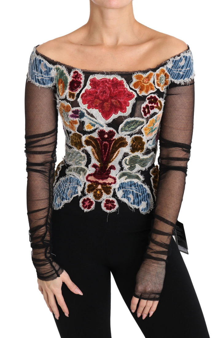 Dolce &amp; Gabbana Black Floral Ricamo Top T-shirt Blouse