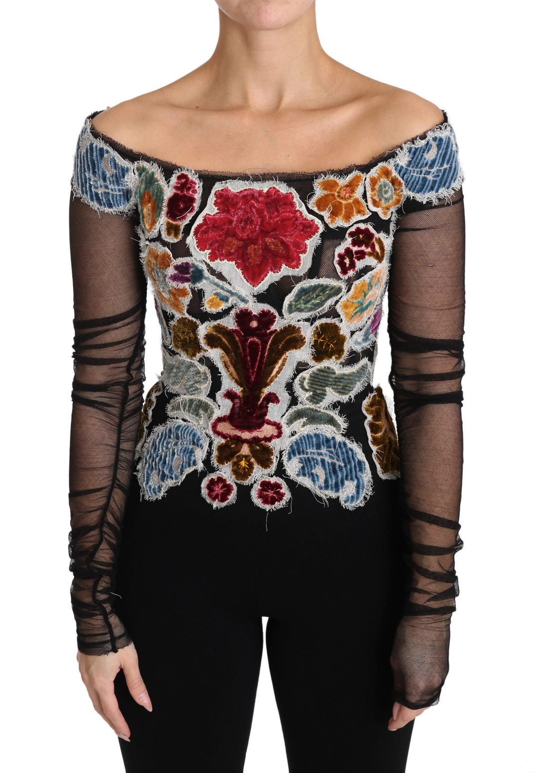 Dolce &amp; Gabbana Black Floral Ricamo Top T-shirt Blouse