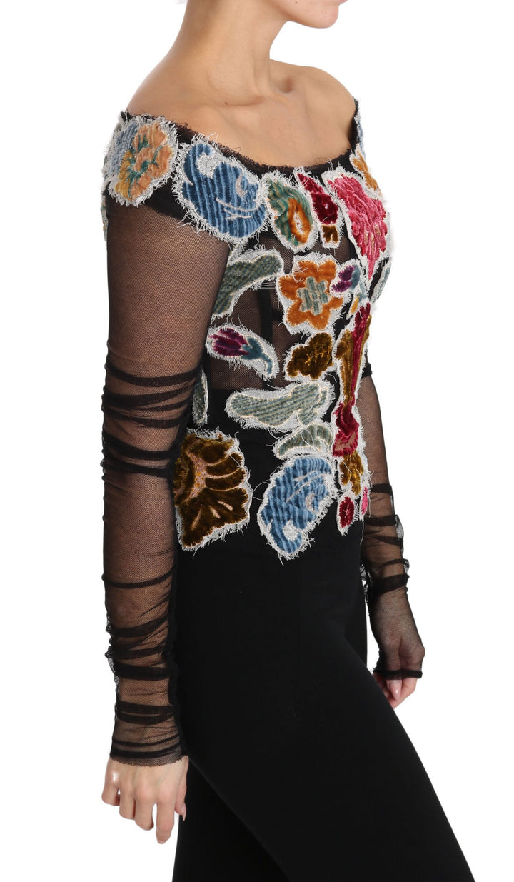 Dolce &amp; Gabbana Black Floral Ricamo Top T-shirt Blouse