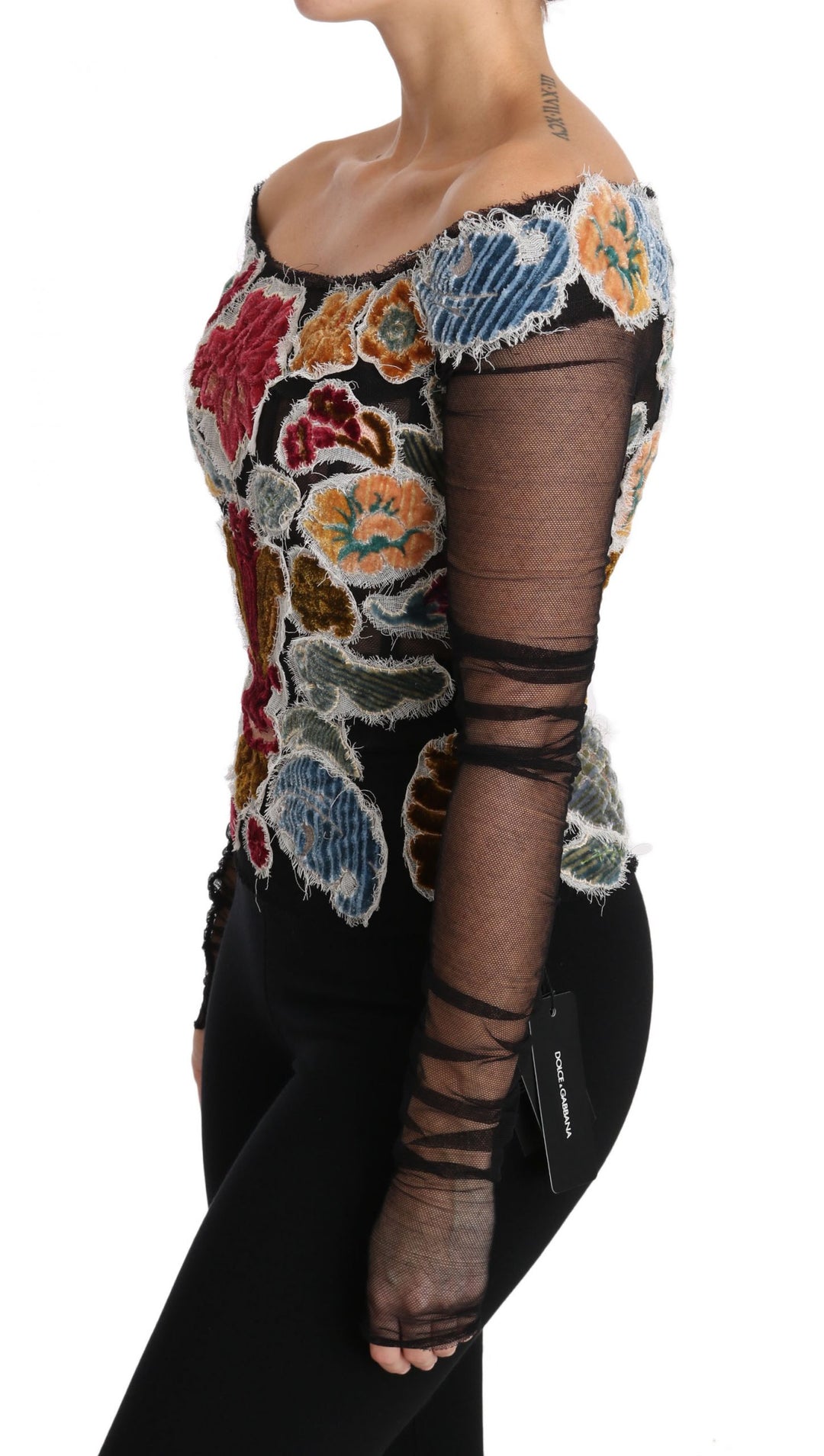 Dolce &amp; Gabbana Black Floral Ricamo Top T-shirt Blouse