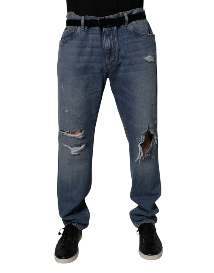 Dolce &amp; Gabbana Blue Tattered Cotton Straight Denim Jeans