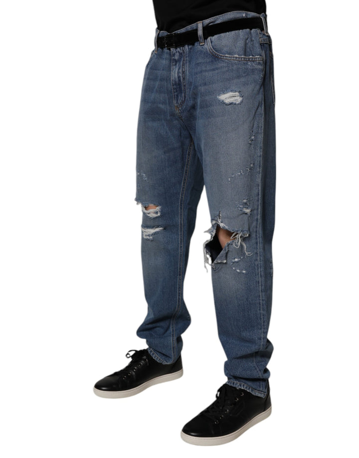 Dolce &amp; Gabbana Blue Tattered Cotton Straight Denim Jeans