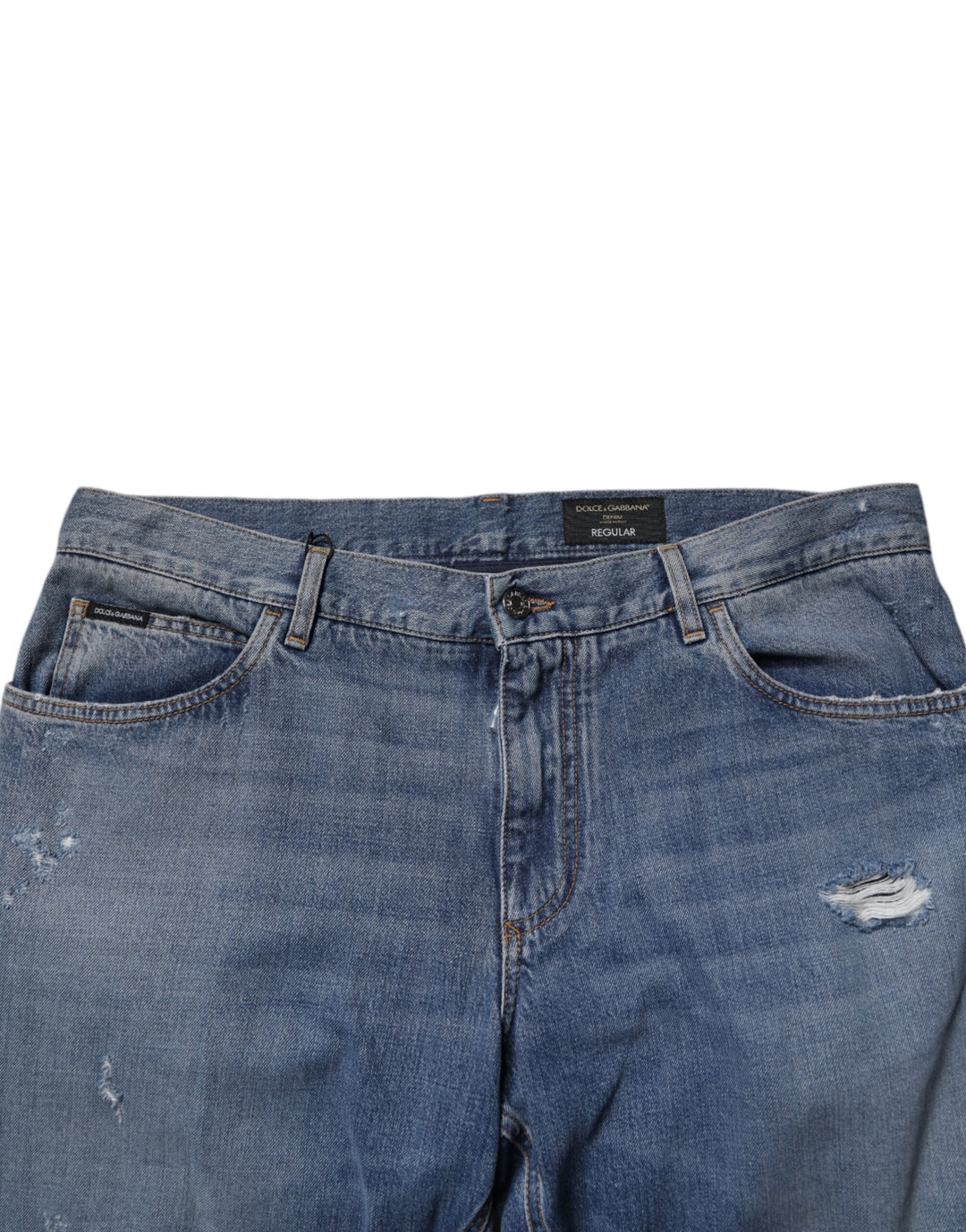 Dolce &amp; Gabbana Blue Tattered Cotton Straight Denim Jeans