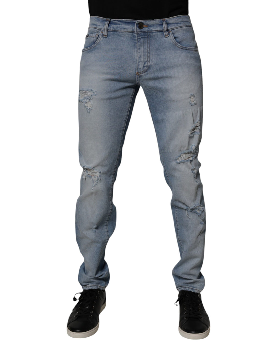 Dolce &amp; Gabbana Blue Tattered Cotton Skinny Men Denim Jeans