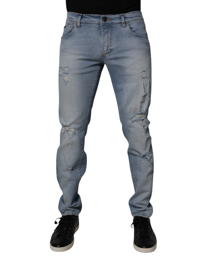 Dolce &amp; Gabbana Blue Tattered Cotton Skinny Men Denim Jeans