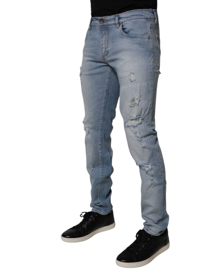Dolce &amp; Gabbana Blue Tattered Cotton Skinny Men Denim Jeans