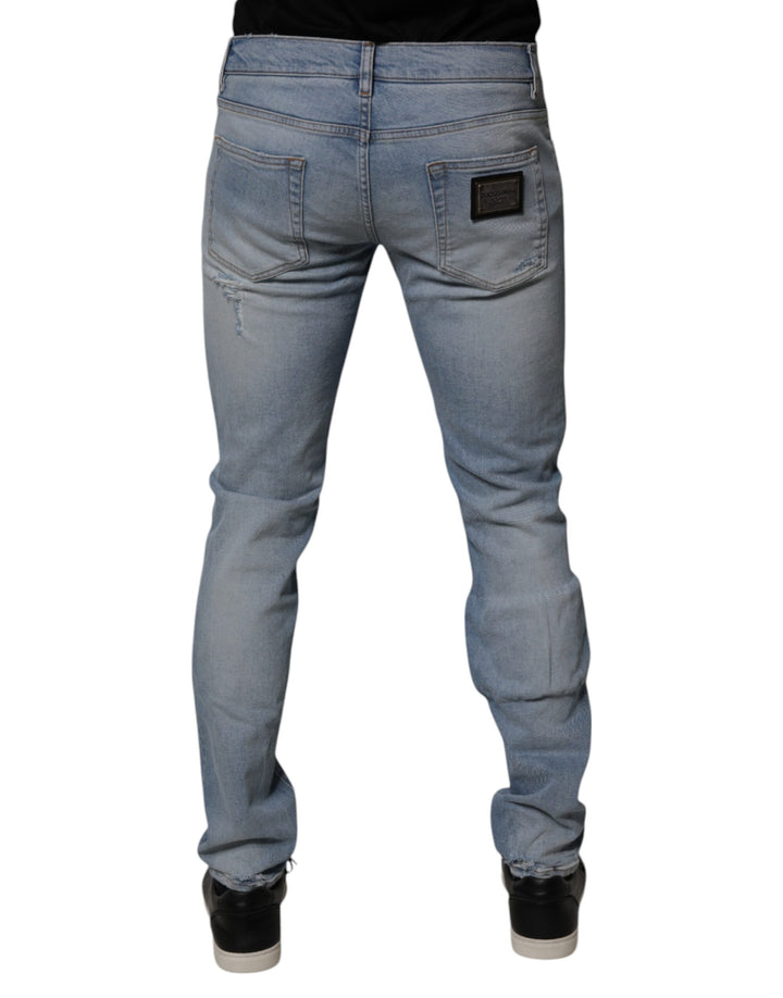 Dolce &amp; Gabbana Blue Tattered Cotton Skinny Men Denim Jeans