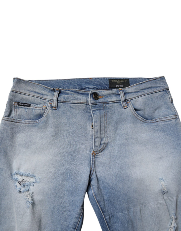 Dolce &amp; Gabbana Blue Tattered Cotton Skinny Men Denim Jeans