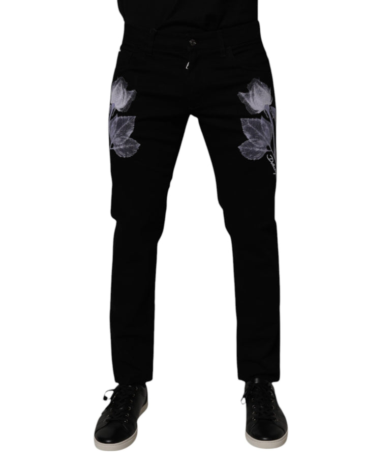 Dolce &amp; Gabbana Black Floral Cotton Skinny Men Denim Jeans