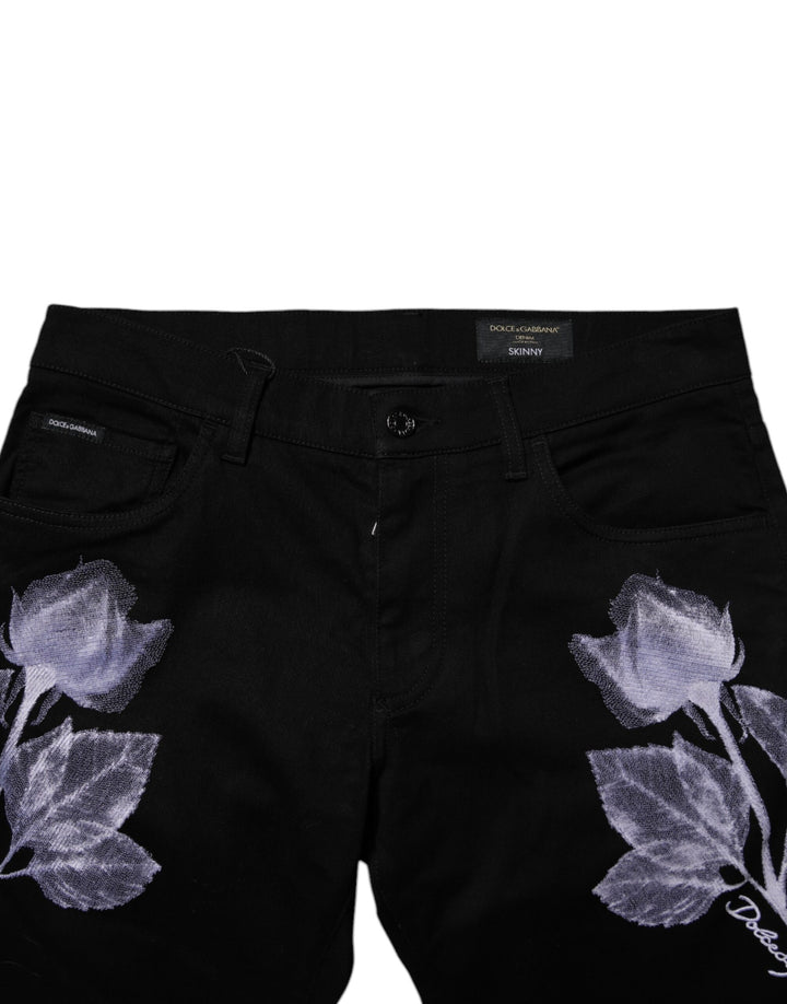 Dolce &amp; Gabbana Black Floral Cotton Skinny Men Denim Jeans