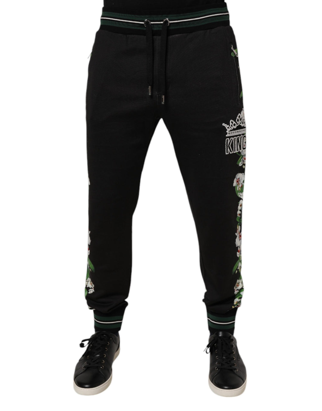 Dolce &amp; Gabbana Black Floral King Men Jogger Sweatpants Pants