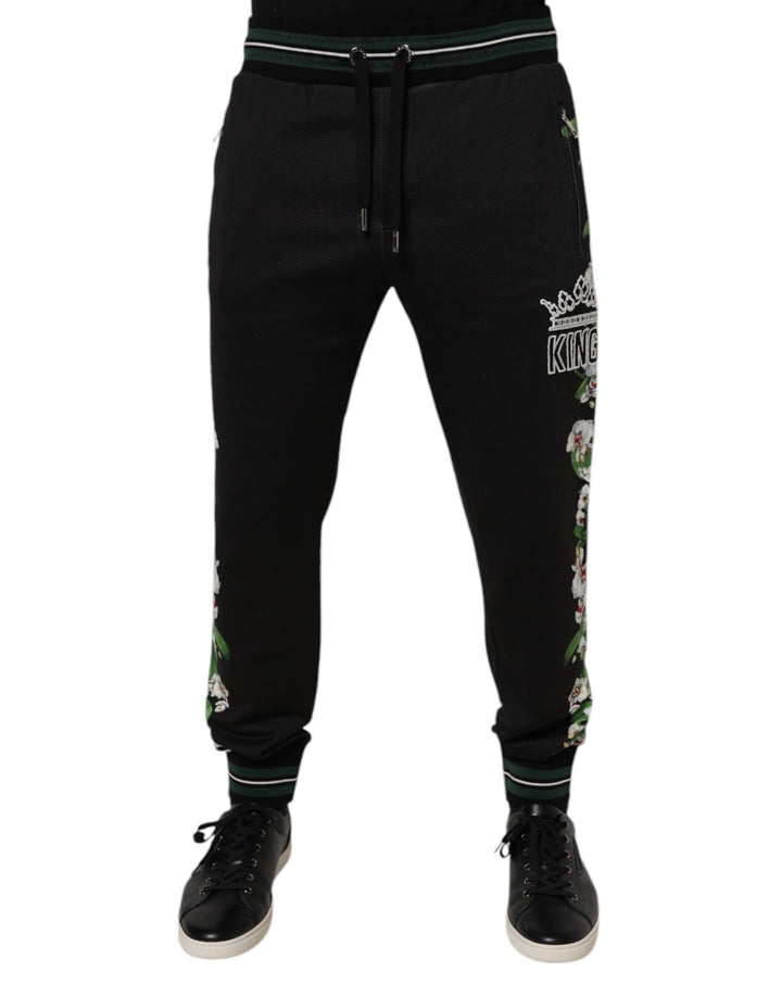Dolce &amp; Gabbana Black Floral King Men Jogger Sweatpants Pants