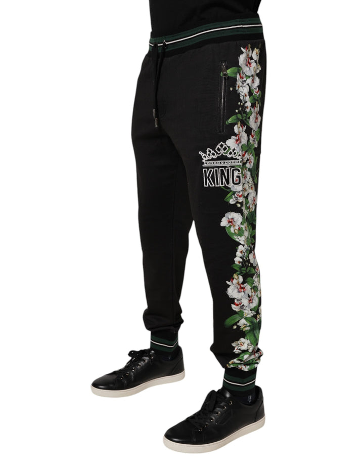 Dolce &amp; Gabbana Black Floral King Men Jogger Sweatpants Pants