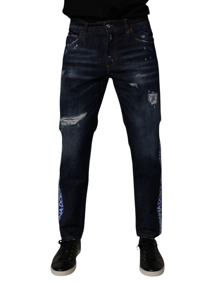 Dolce &amp; Gabbana Dark Blue Cotton Tattered Skinny Denim Jeans