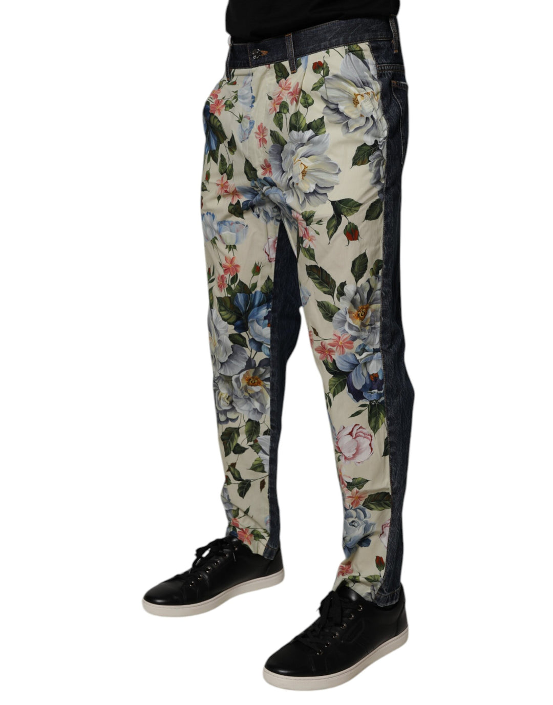 Dolce &amp; Gabbana Beige Blue Floral Cotton Men Denim Jeans