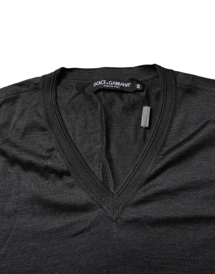 Dolce &amp; Gabbana Dark Gray Silk V-neck Short Sleeves T-shirt