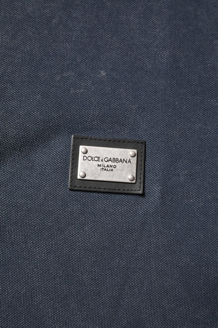 Dolce &amp; Gabbana Dark Blue Logo Plaque Cotton Men Polo Shirt T-shirt