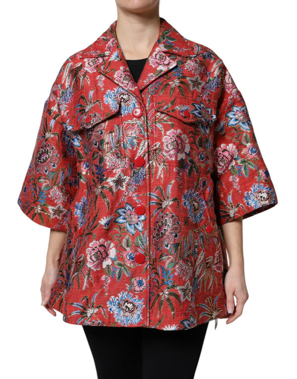 Dolce & Gabbana Wrap Coats - Red Floral Jacquard Button Down Coat Jacket