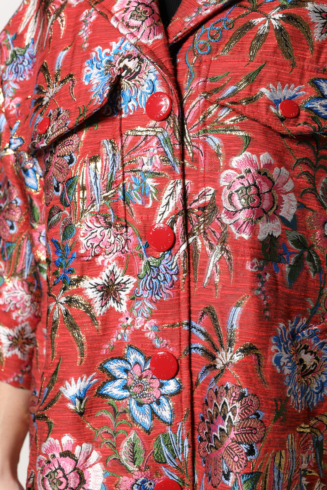 Dolce &amp; Gabbana Red Floral Jacquard Button Down Coat Jacket