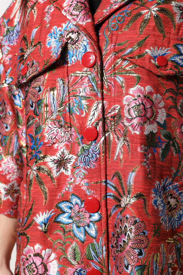 Dolce &amp; Gabbana Red Floral Jacquard Button Down Coat Jacket