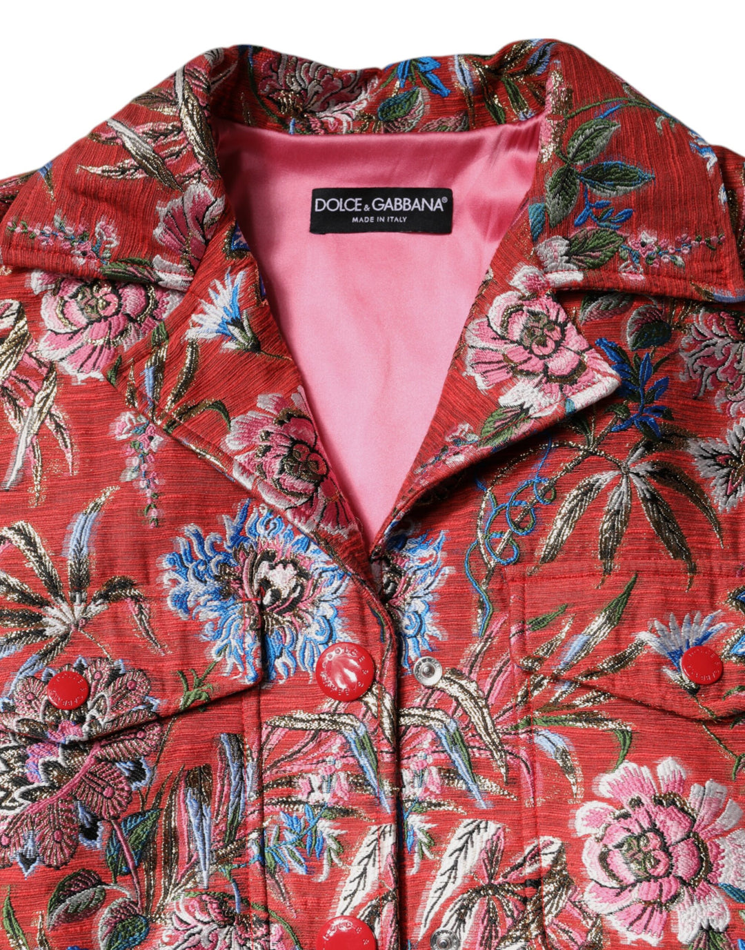 Dolce &amp; Gabbana Red Floral Jacquard Button Down Coat Jacket