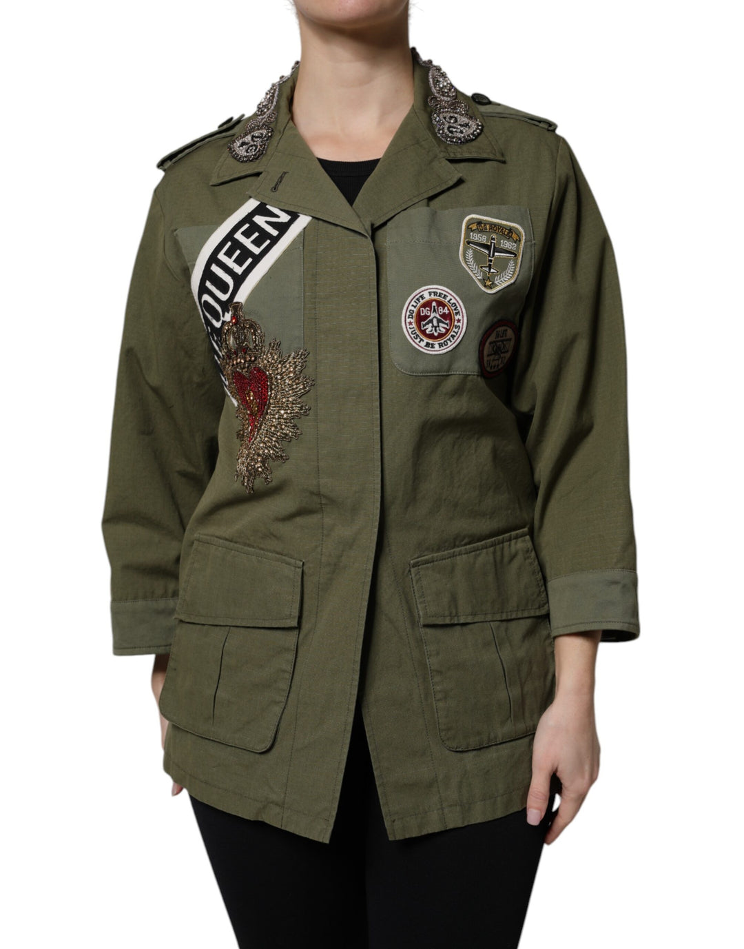 Dolce &amp; Gabbana Military Green Queen Embellished Coat Jacket