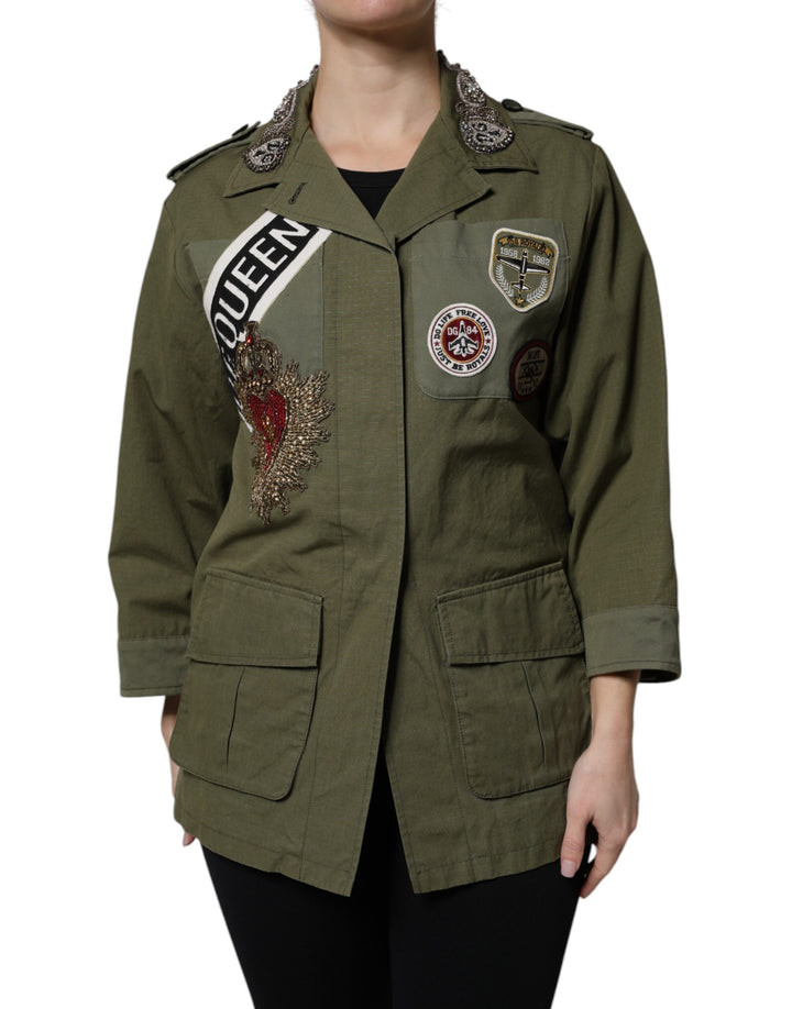 Dolce &amp; Gabbana Military Green Queen Embellished Coat Jacket