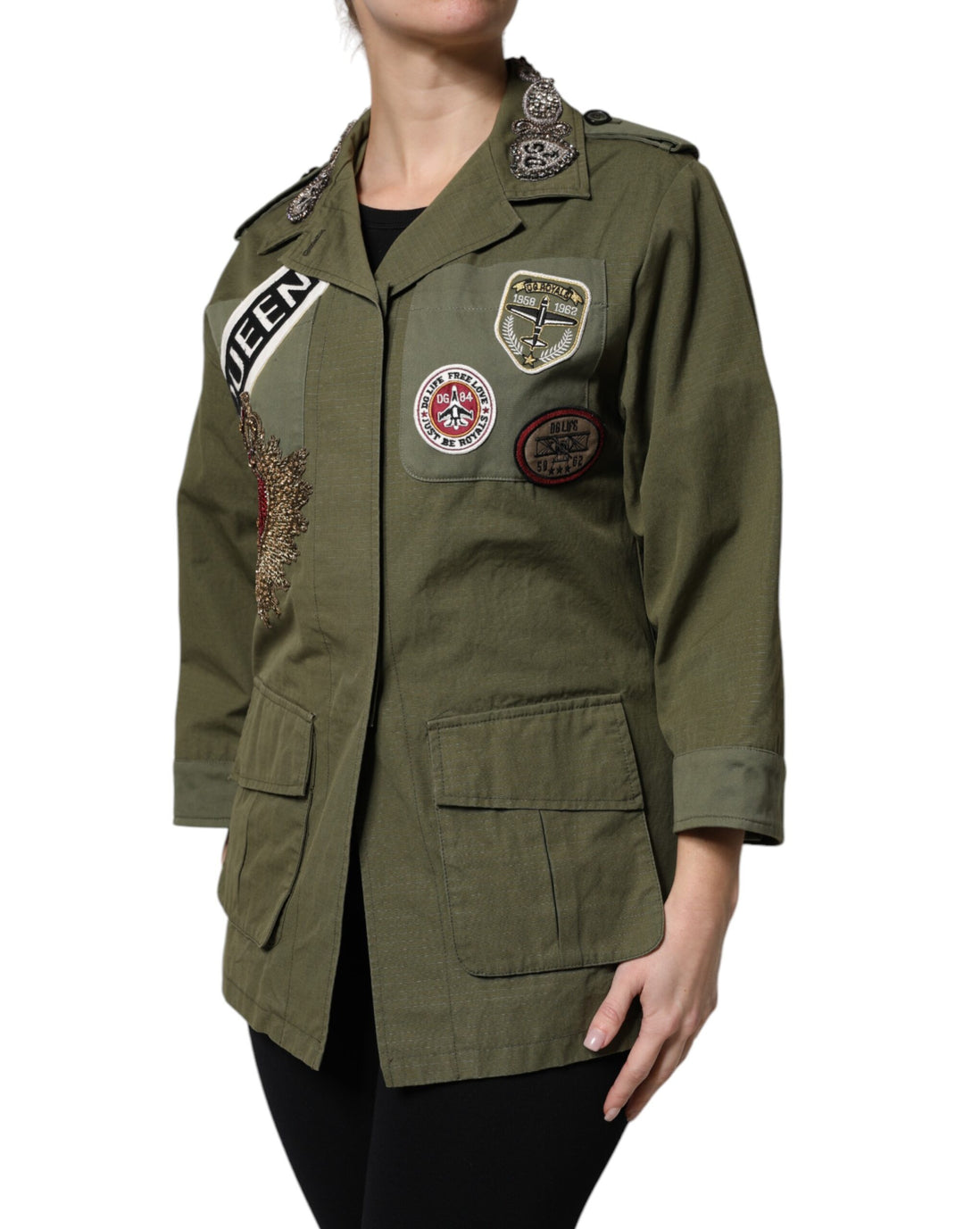 Dolce &amp; Gabbana Military Green Queen Embellished Coat Jacket