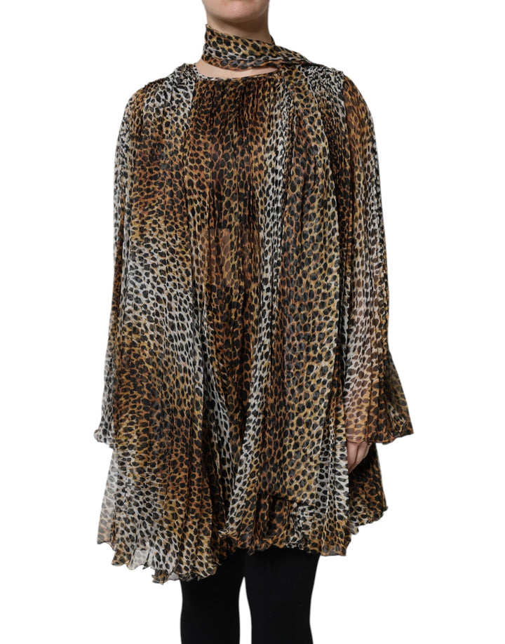 Dolce &amp; Gabbana Brown Leopard Print Scarf Collared Chiffon Dress