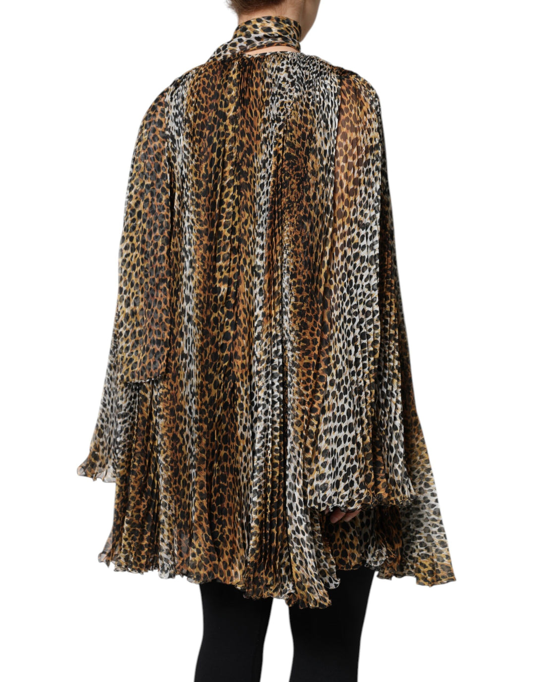 Dolce &amp; Gabbana Brown Leopard Print Scarf Collared Chiffon Dress