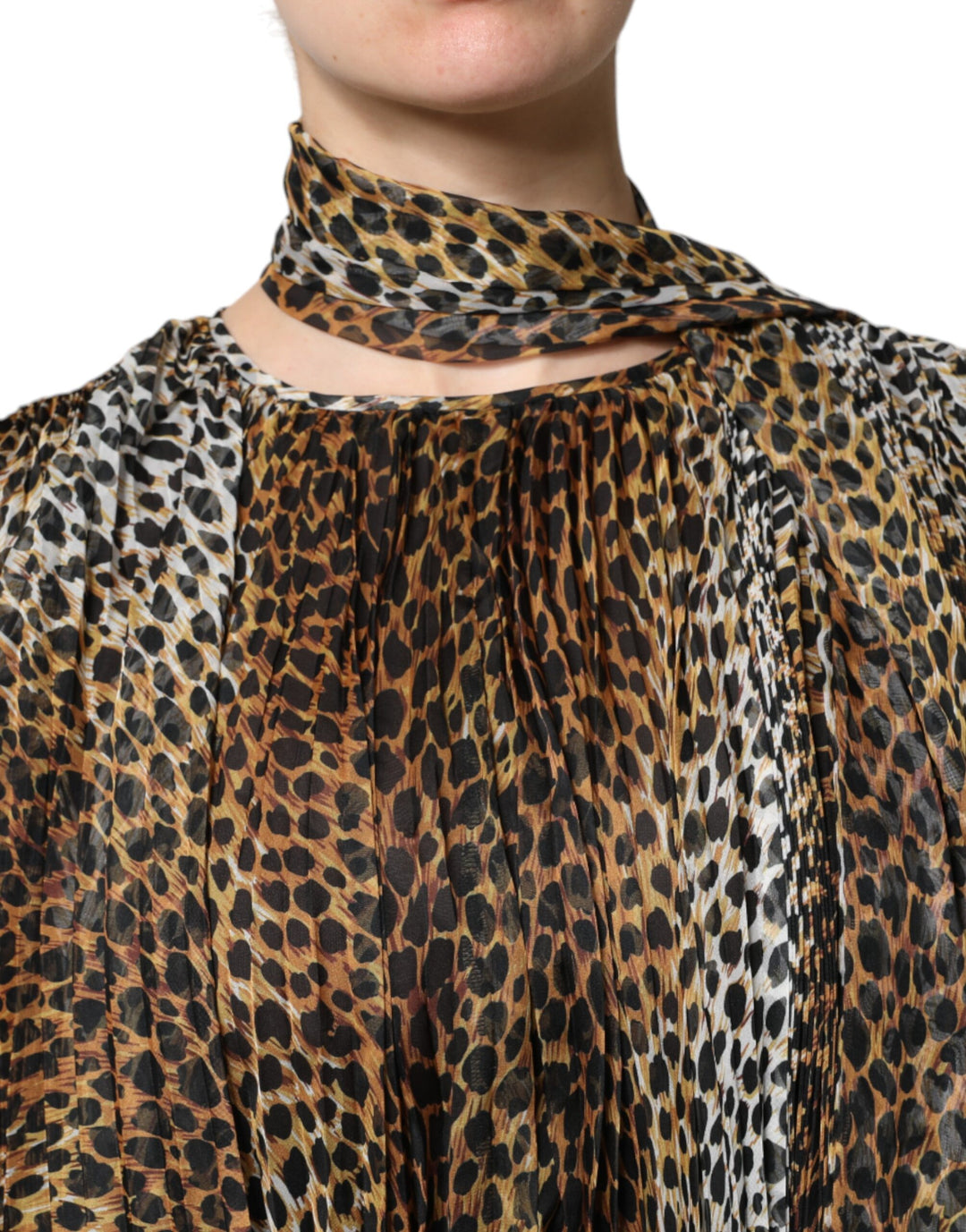 Dolce &amp; Gabbana Brown Leopard Print Scarf Collared Chiffon Dress