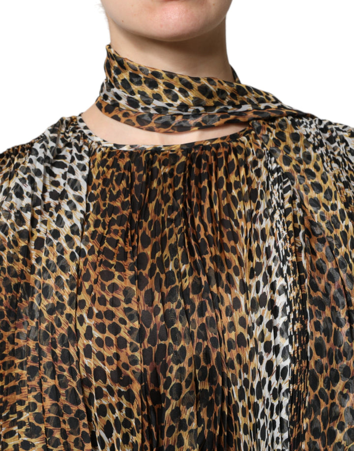 Dolce &amp; Gabbana Brown Leopard Print Scarf Collared Chiffon Dress