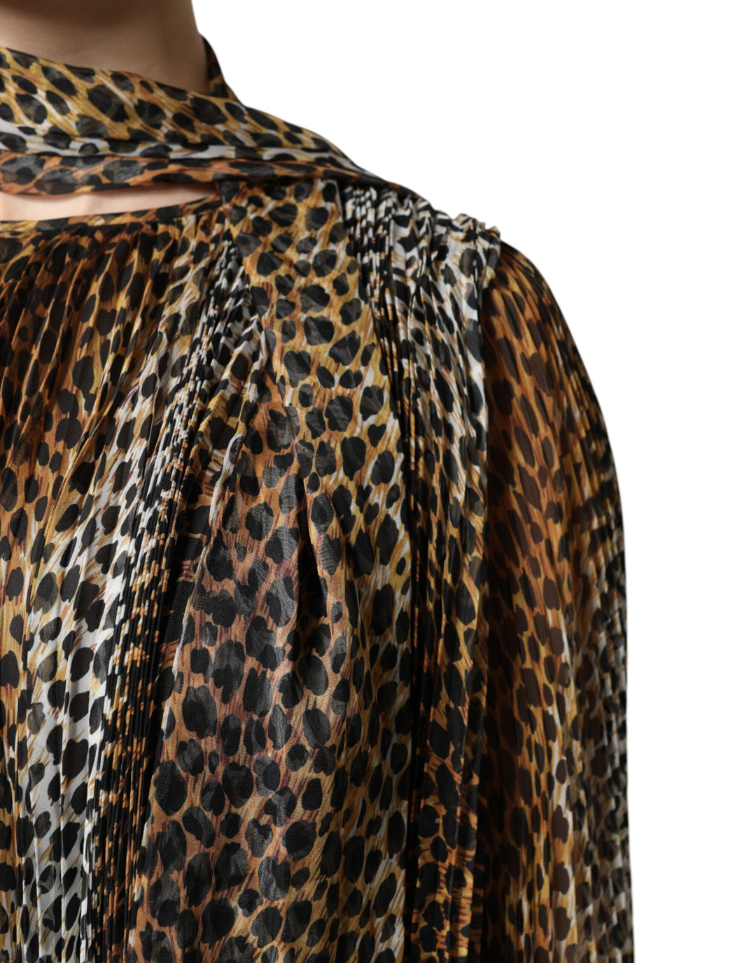 Dolce &amp; Gabbana Brown Leopard Print Scarf Collared Chiffon Dress