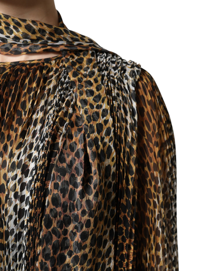 Dolce &amp; Gabbana Brown Leopard Print Scarf Collared Chiffon Dress