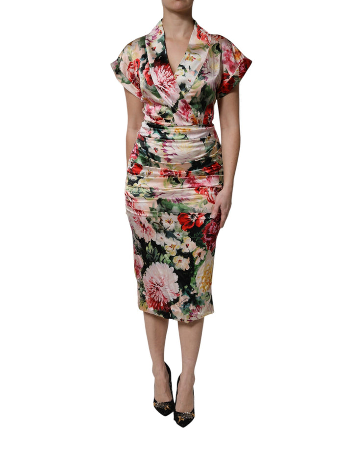 Dolce &amp; Gabbana Multicolor Floral Short Sleeves Sheath Midi Dress