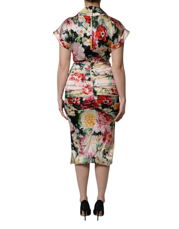 Dolce &amp; Gabbana Multicolor Floral Short Sleeves Sheath Midi Dress