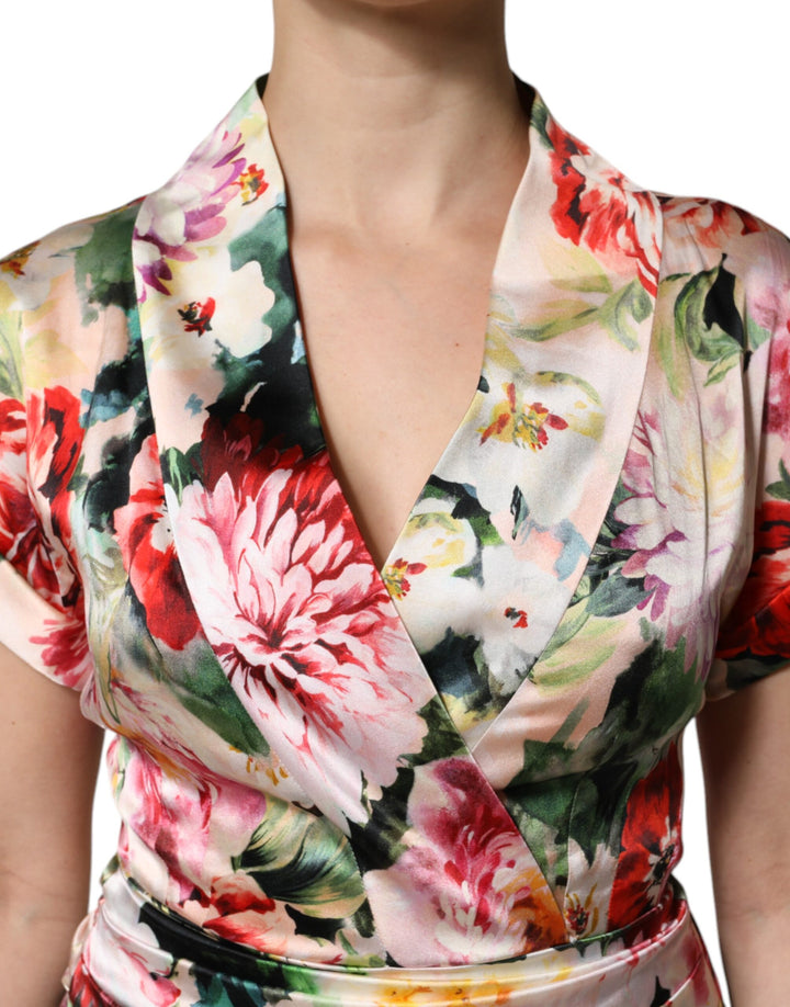 Dolce &amp; Gabbana Multicolor Floral Short Sleeves Sheath Midi Dress