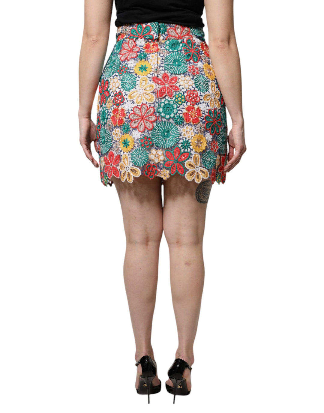 Dolce &amp; Gabbana Multicolor Floral Lace High Waist Mini Skirt