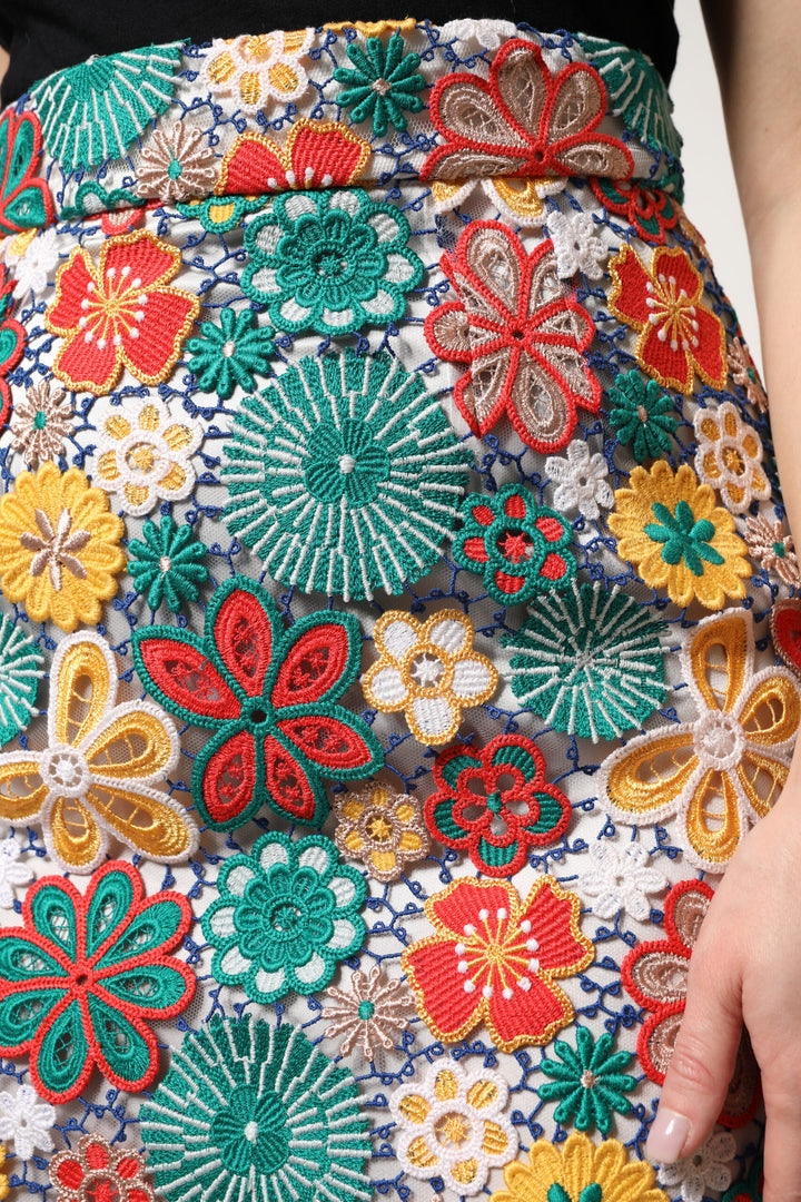 Dolce &amp; Gabbana Multicolor Floral Lace High Waist Mini Skirt