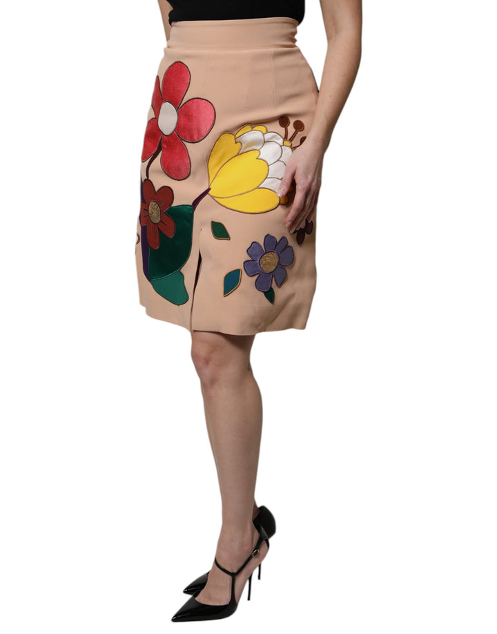 Dolce &amp; Gabbana Beige Floral High Waist Pencil Cut Skirt