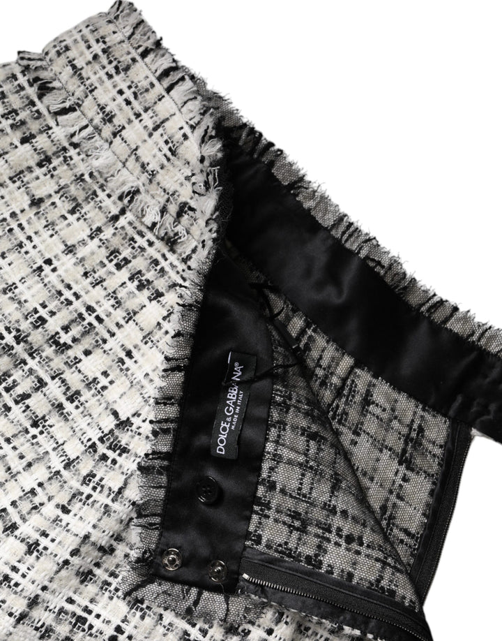 Dolce &amp; Gabbana White Black High Waist Tartan Tweed Mini Skirt