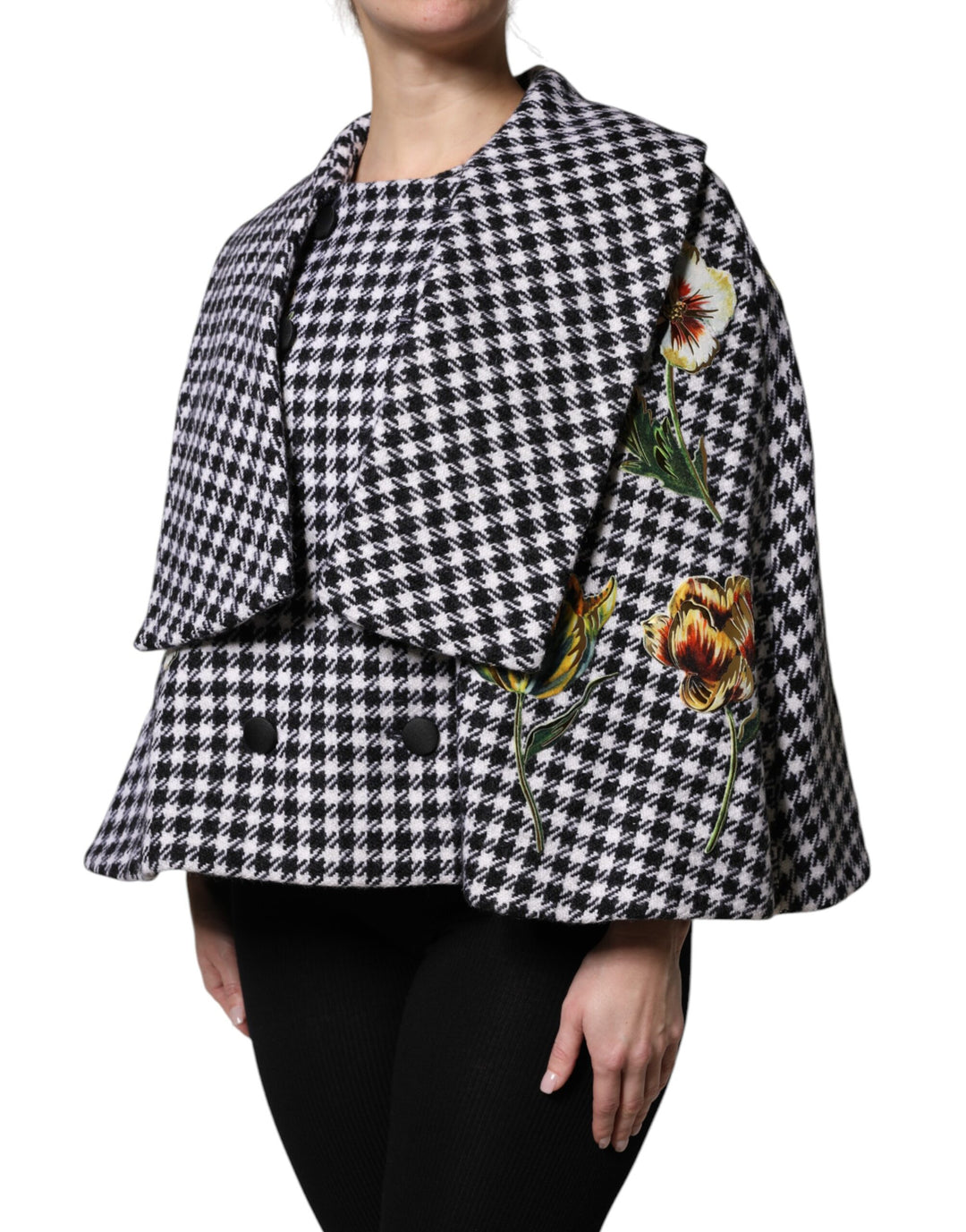 Dolce &amp; Gabbana Black White Monochrome Patterned Floral Cape Jacket
