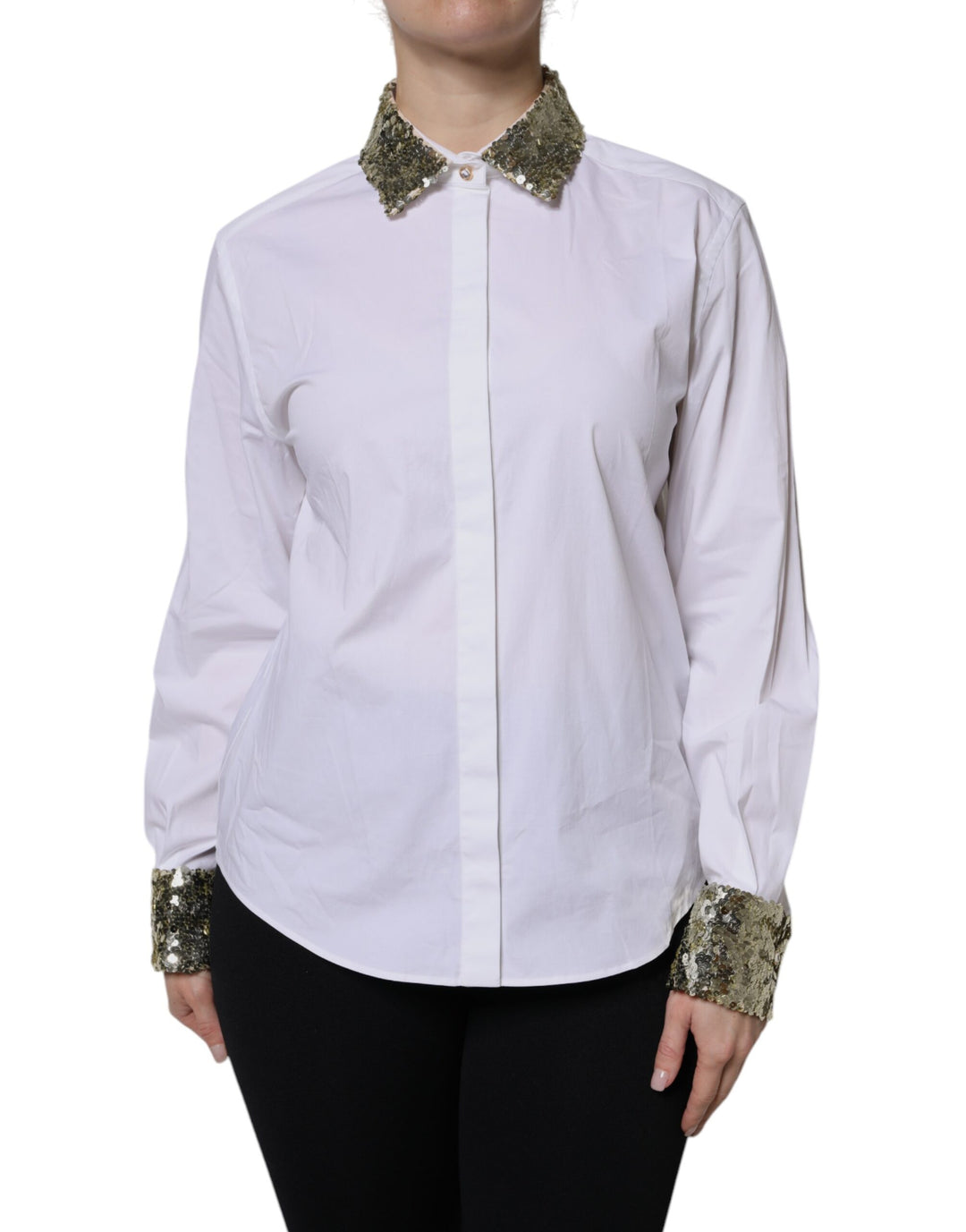 Dolce &amp;amp; Gabbana Haut chemise à manches longues en coton blanc à paillettes