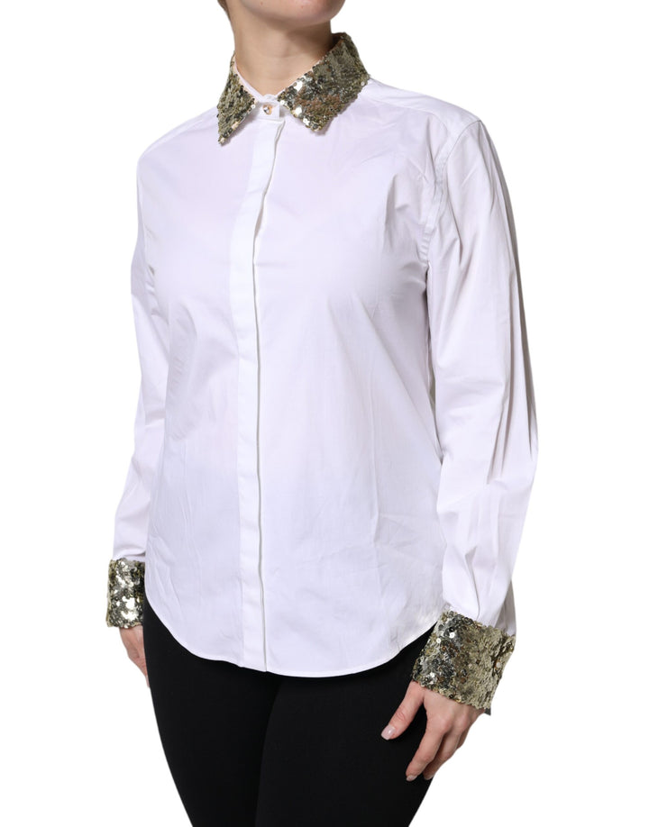Dolce &amp;amp; Gabbana Haut chemise à manches longues en coton blanc à paillettes