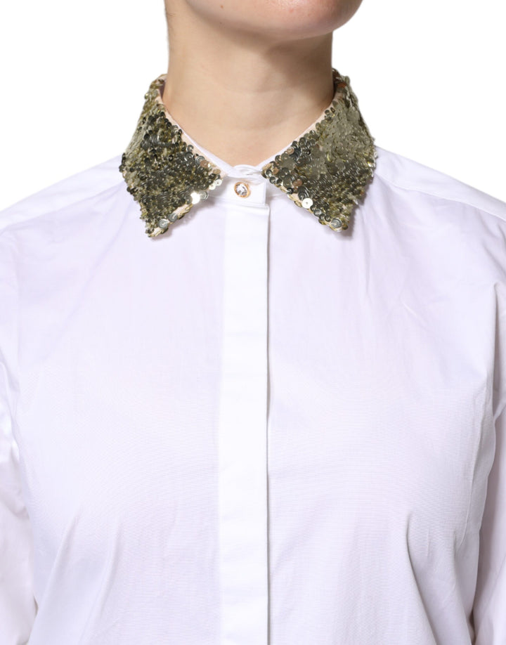Dolce &amp;amp; Gabbana Haut chemise à manches longues en coton blanc à paillettes