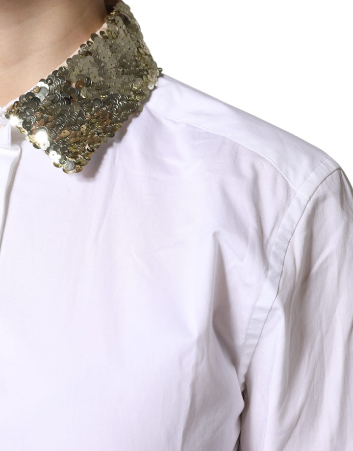 Dolce &amp;amp; Gabbana Haut chemise à manches longues en coton blanc à paillettes