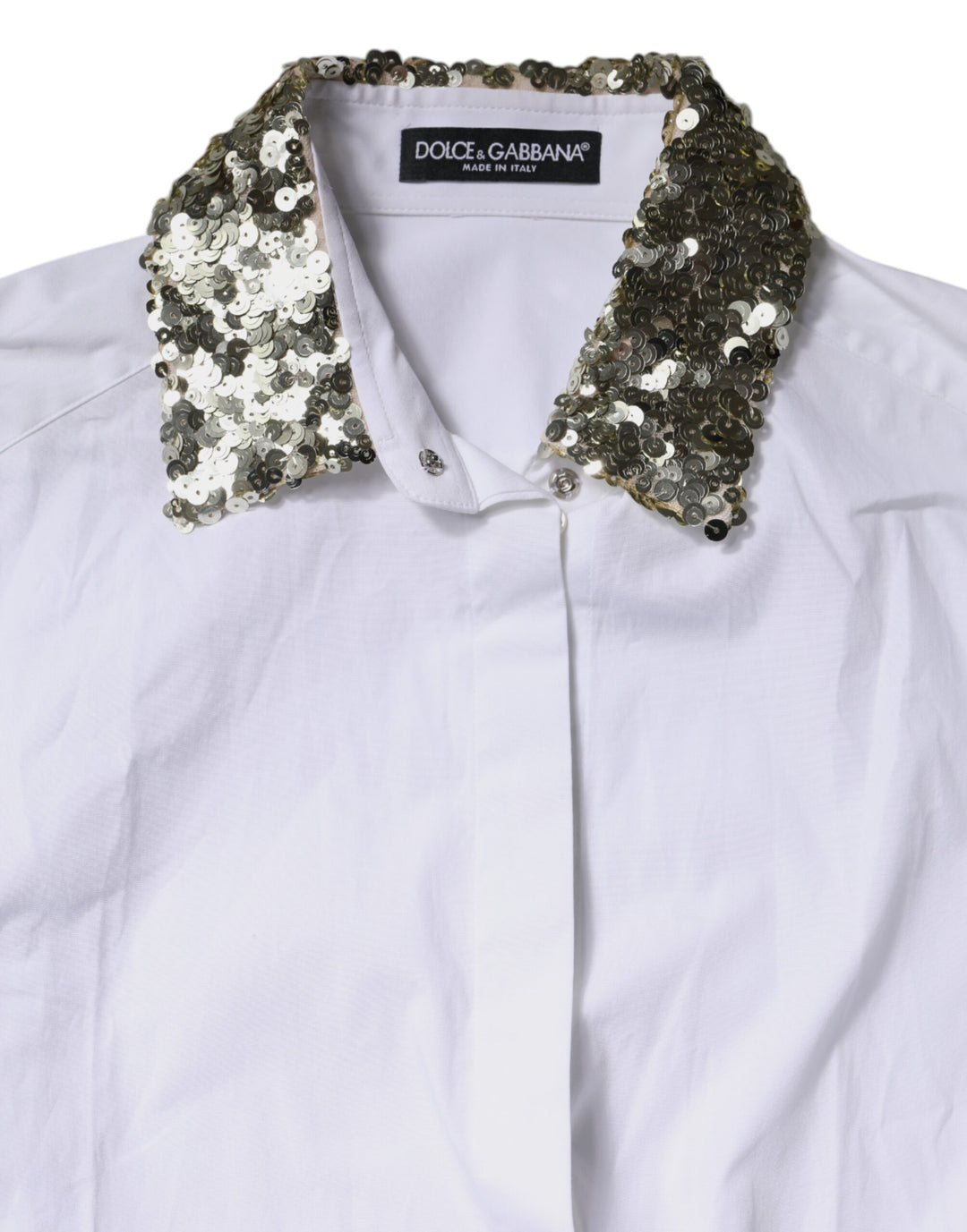 Dolce &amp; Gabbana White Cotton Long Sleeves Sequin Shirt Top