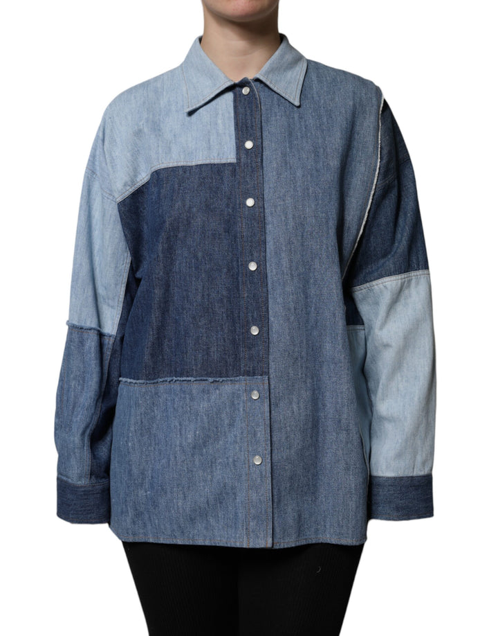 Dolce &amp; Gabbana Blue Cotton Button Up Collared Long Sleeve Top