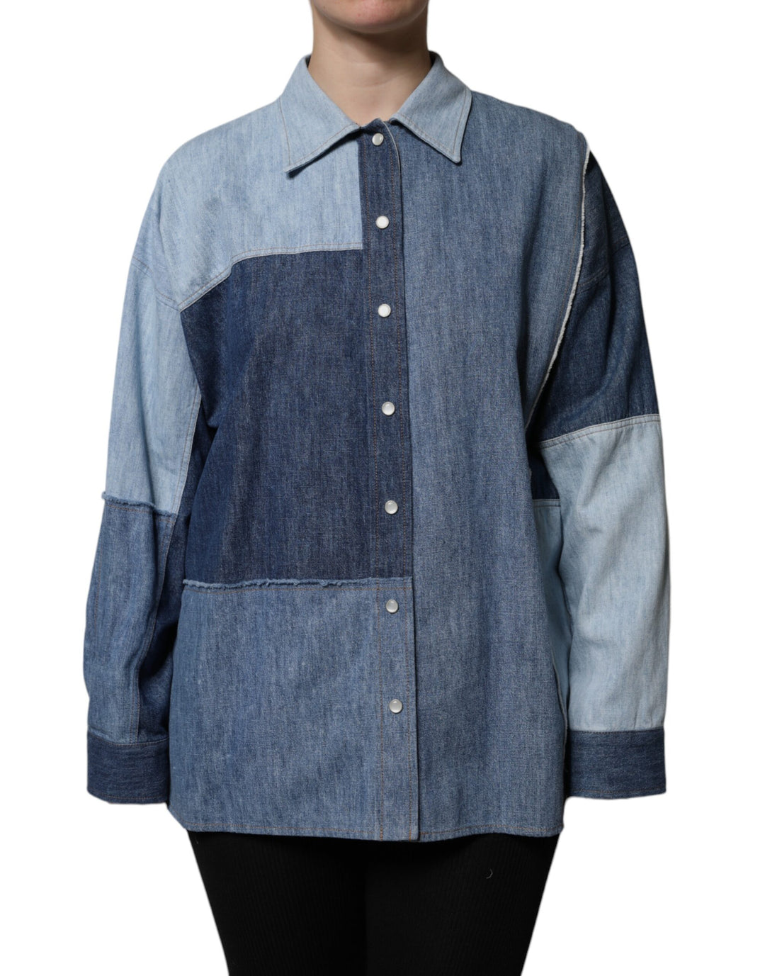 Dolce &amp; Gabbana Blue Cotton Button Up Collared Long Sleeve Top