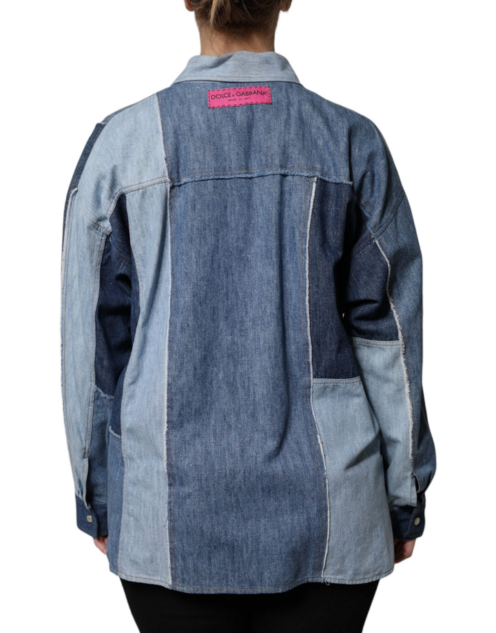 Dolce &amp; Gabbana Blue Cotton Button Up Collared Long Sleeve Top
